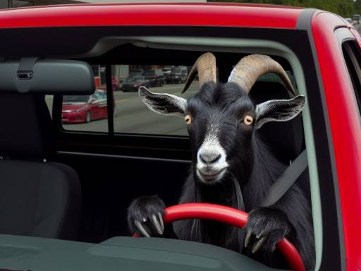 Phillip the Goat driving a red pickup truck.
